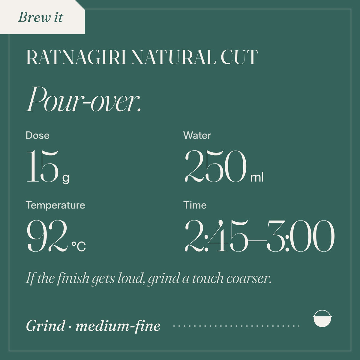 How to brew Ratnagiri Natural Cut as pour-over: 15 g, 250 ml, 92 °C, 2:45–3:00.