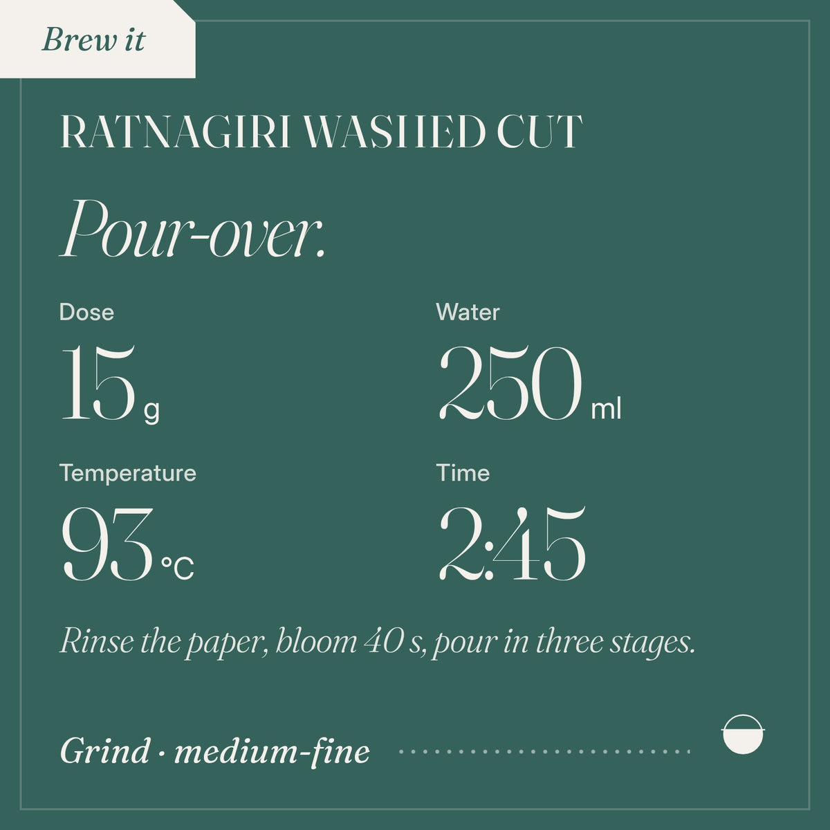 How to brew Ratnagiri Washed Cut as pour-over: 15 g, 250 ml, 93 °C, 2:45.