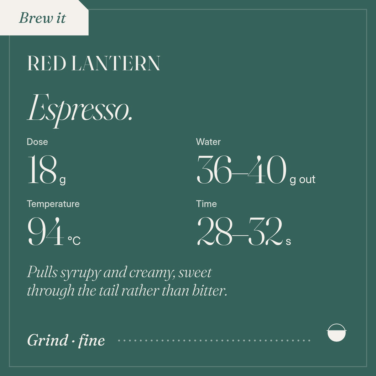 How to brew Red Lantern as espresso: 18 g, 36–40 g out, 94 °C, 28–32 s.