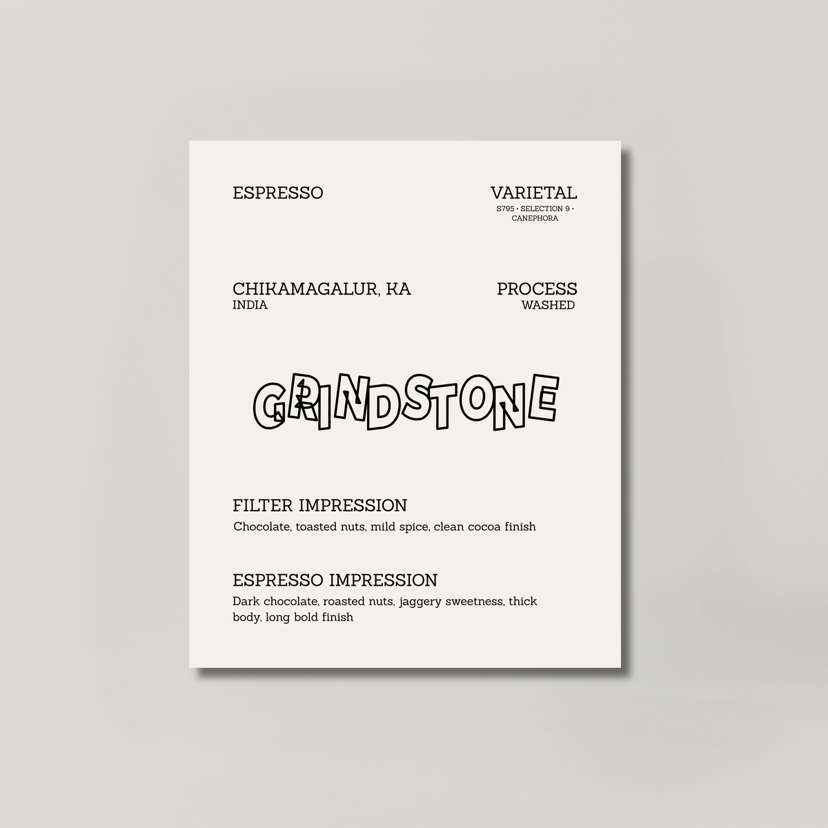 GRINDSTONE coffee bag from BROOT, a medium-dark washed Arabica and canephora everyday blend