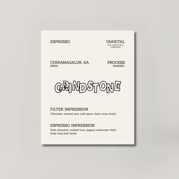 GRINDSTONE coffee bag from BROOT, a medium-dark washed Arabica and canephora everyday blend