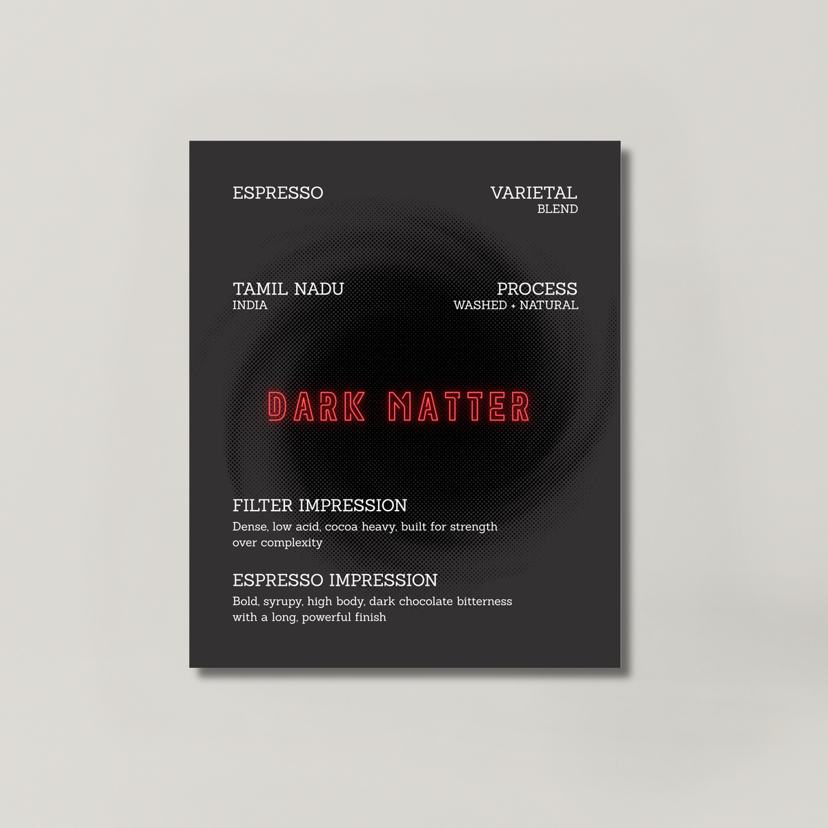 DARK MATTER coffee bag from BROOT, a Vienna roast Indian blend built for daily strength