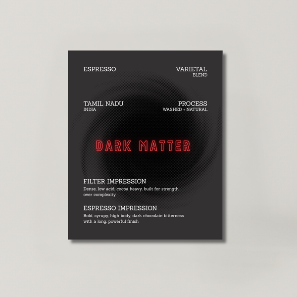 DARK MATTER coffee bag from BROOT, a Vienna roast Indian blend built for daily strength