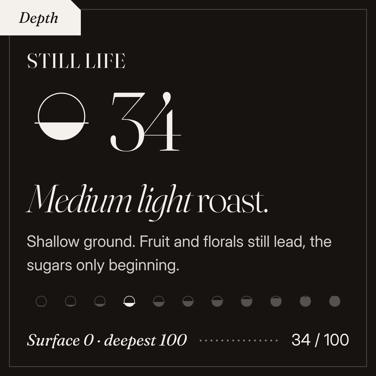 Still Life roast depth 34 of 100, a medium light roast. Shallow ground. Fruit and florals still lead, the sugars only beginning.