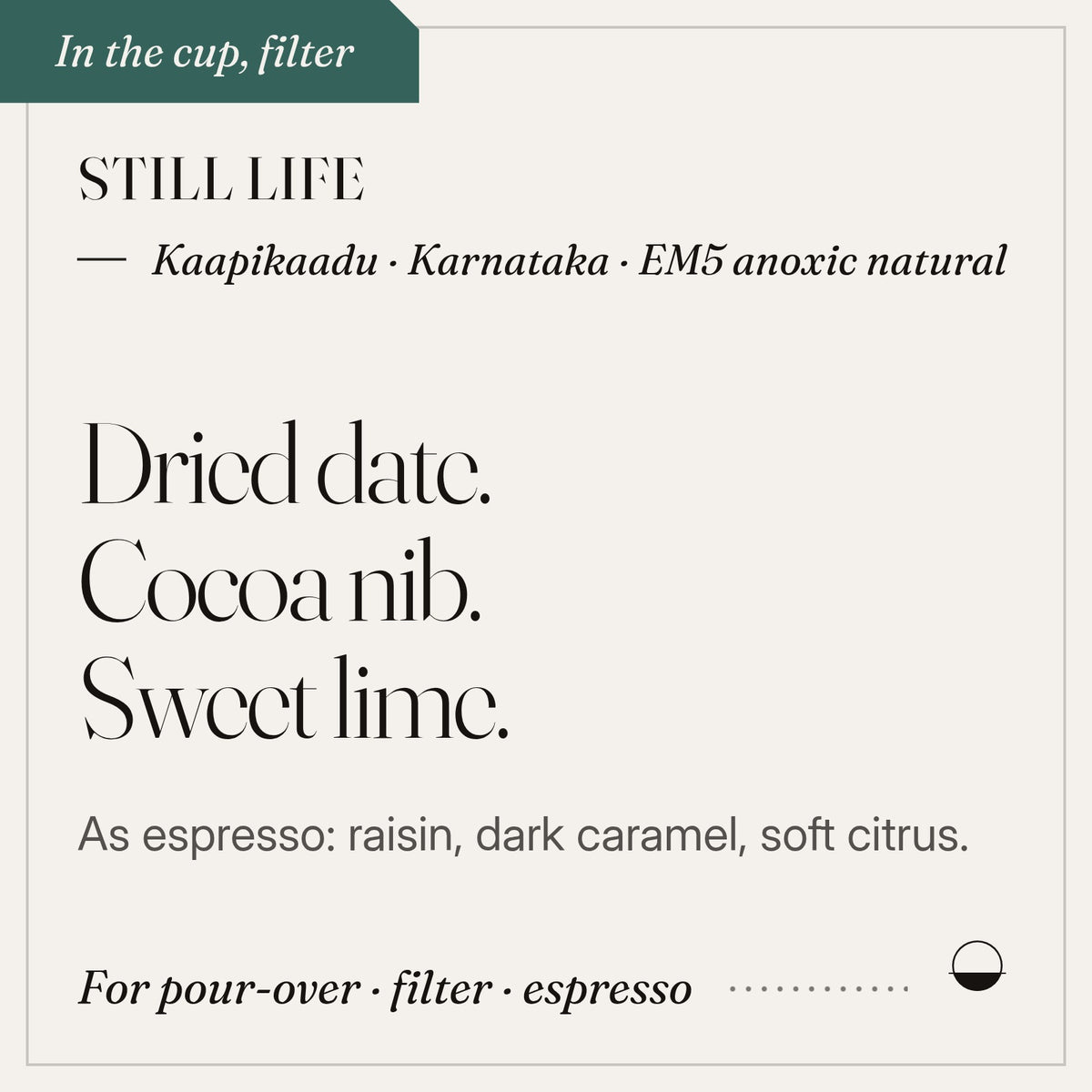 Still Life in the cup: dried date, cocoa nib, sweet lime. Kaapikaadu · Karnataka · EM5 anoxic natural.