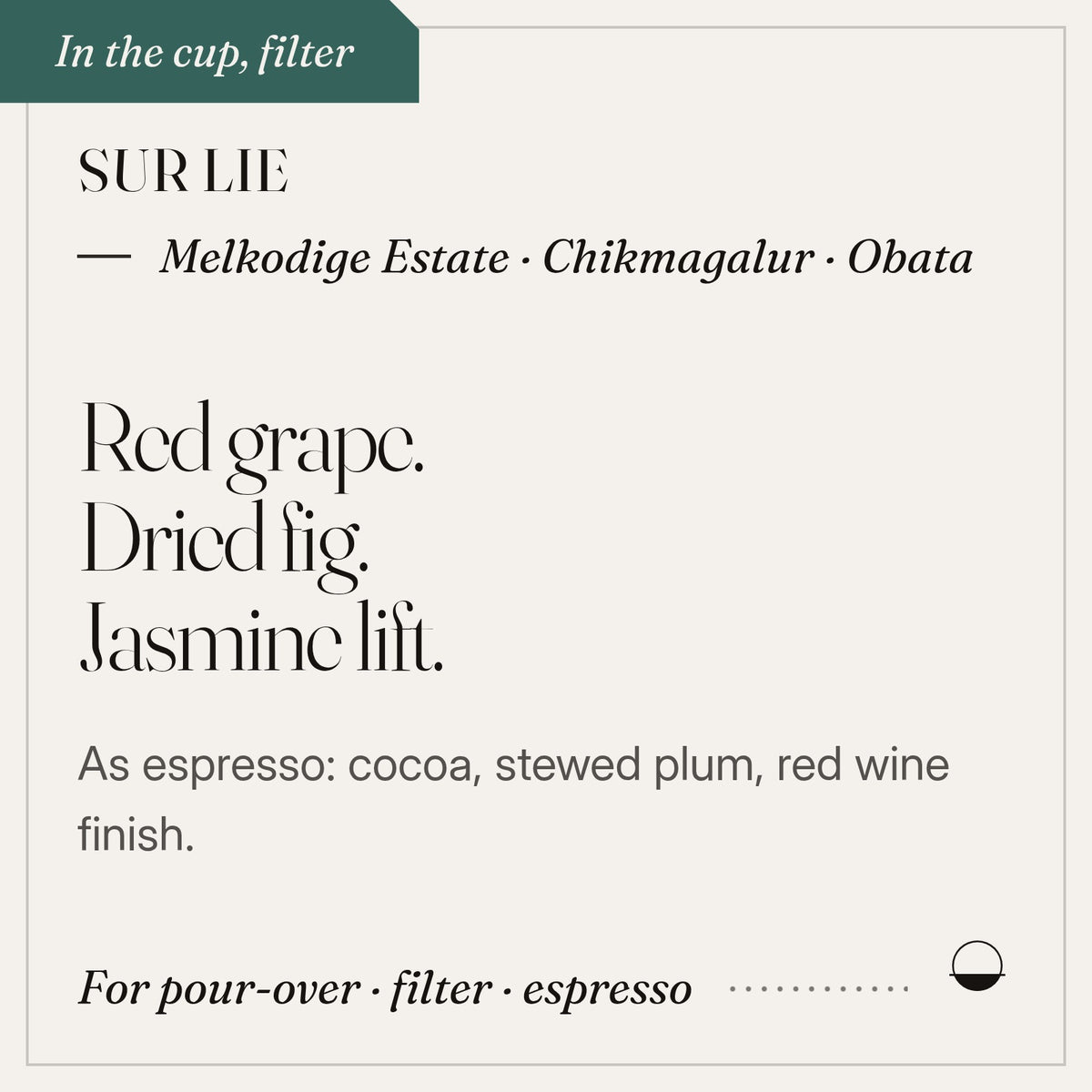 Sur Lie in the cup: red grape, dried fig, jasmine lift. Melkodige Estate · Chikmagalur · Obata.