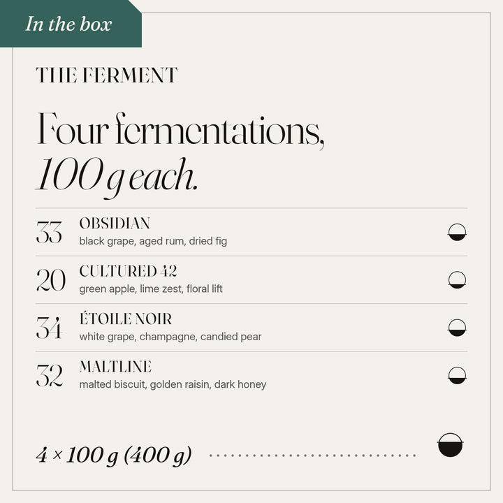 The Ferment, in the box: Obsidian, Cultured 42, Étoile Noir, Maltline.