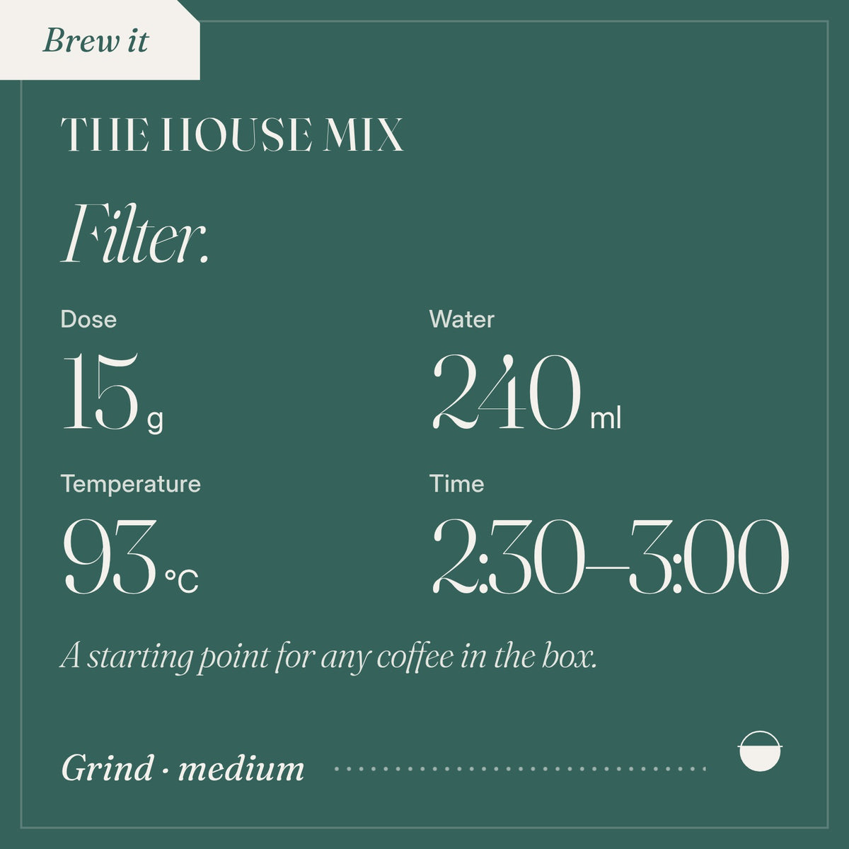 How to brew The House Mix as filter: 15 g, 240 ml, 93 °C, 2:30–3:00.