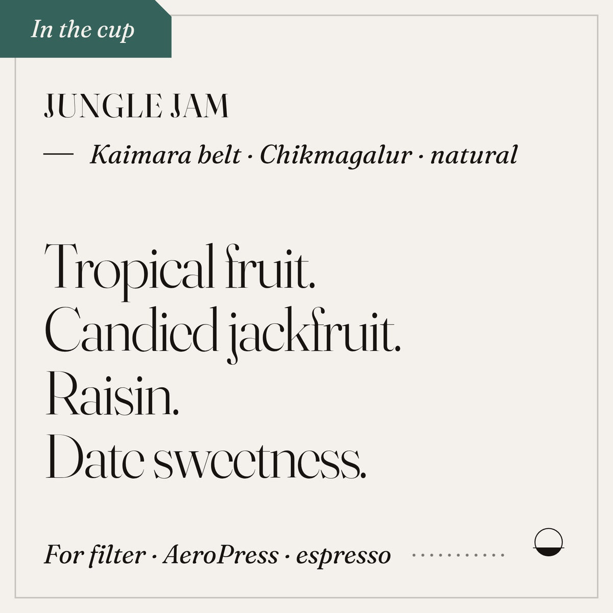 Jungle Jam in the cup: tropical fruit, candied jackfruit, raisin, date sweetness. Kaimara belt · Chikmagalur · natural.