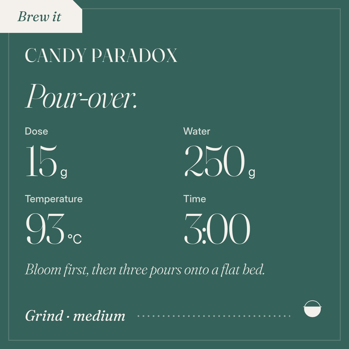How to brew Candy Paradox as pour-over: 15 g, 250 g, 93 °C, 3:00.