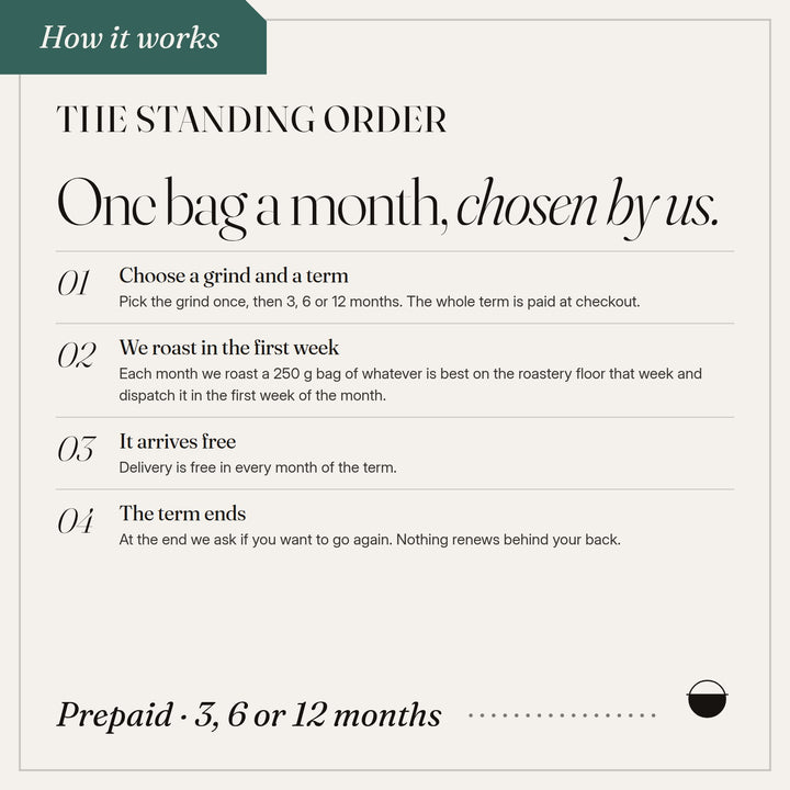 The Standing Order, how it works: choose a grind and a term; we roast in the first week; it arrives free; the term ends.