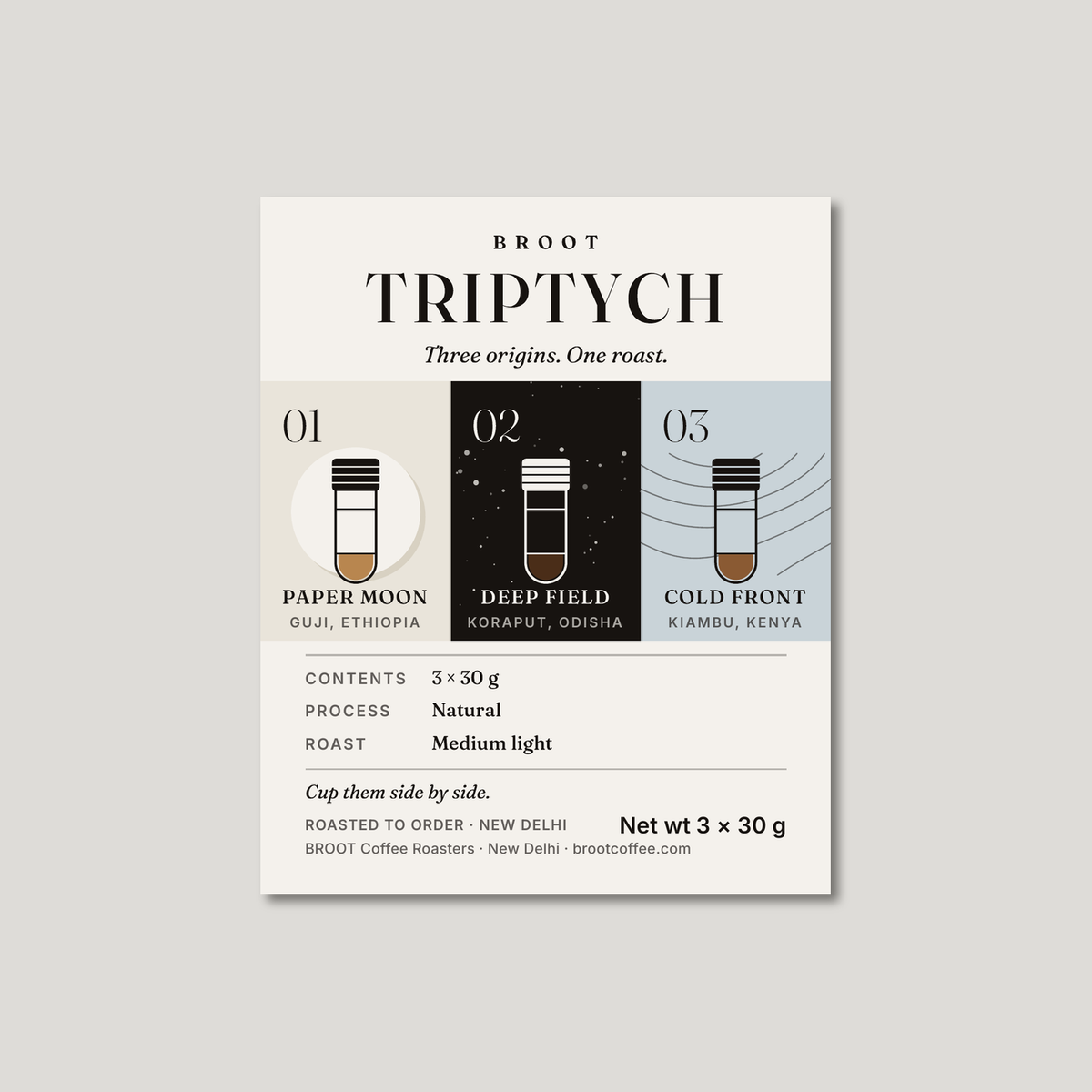 TRIPTYCH label showing three test tubes: 01 Paper Moon, 02 Deep Field, 03 Cold Front, 3 × 30 g