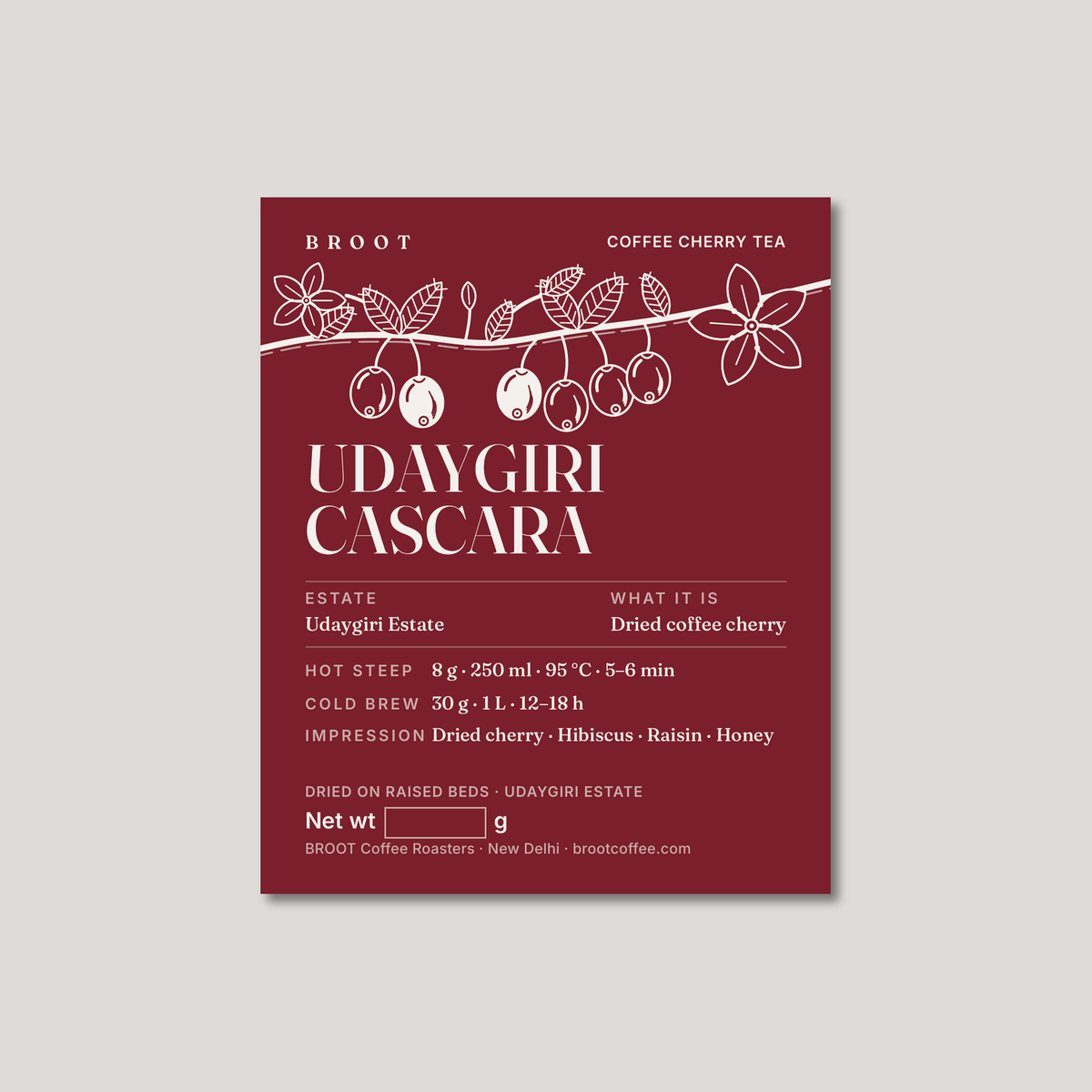 UDAYGIRI CASCARA label, coffee cherry tea, with coffee cherries and blossom on a branch. BROOT