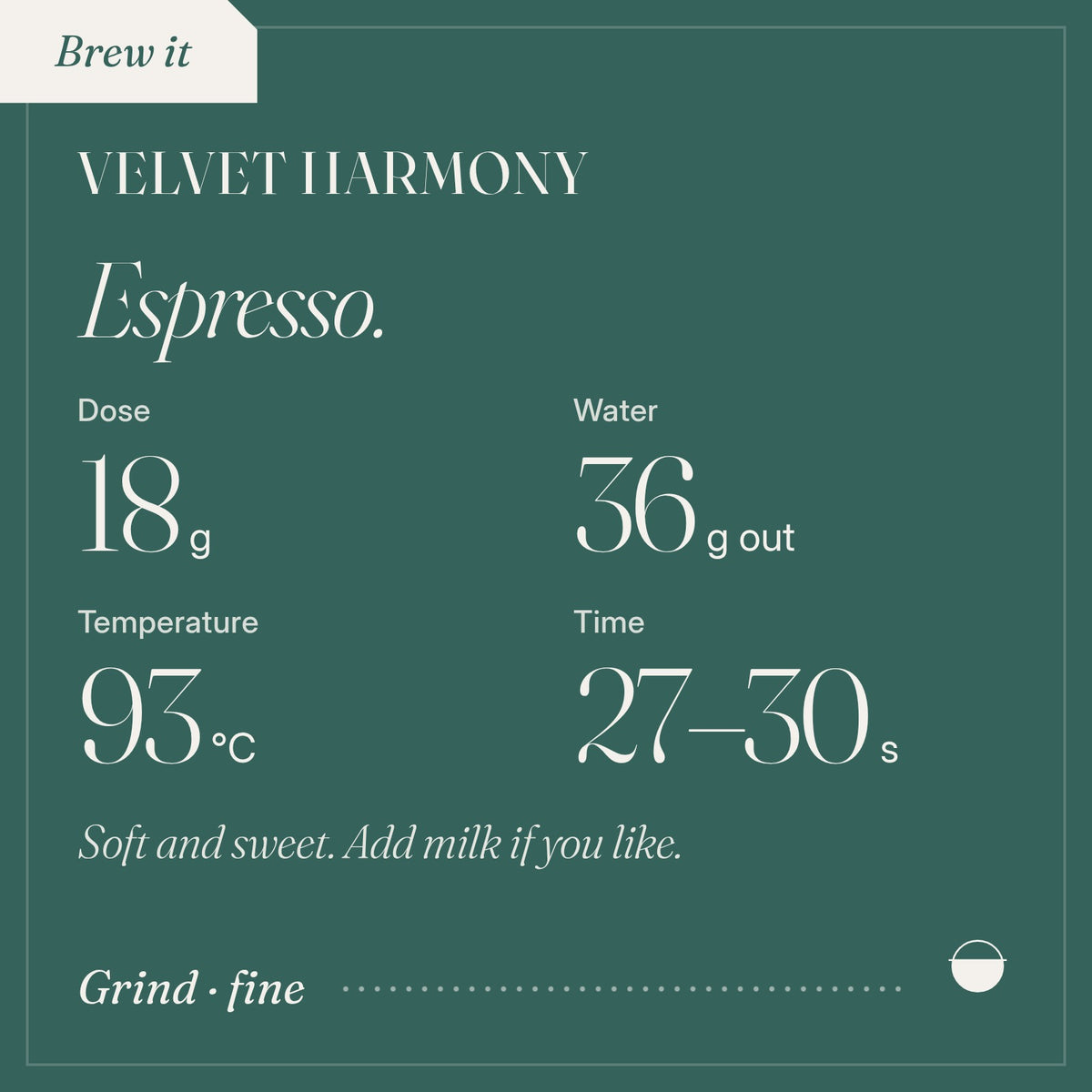 How to brew Velvet Harmony as espresso: 18 g, 36 g out, 93 °C, 27–30 s.