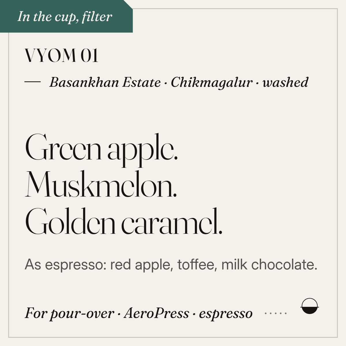 Vyom 01 in the cup: green apple, muskmelon, golden caramel. Basankhan Estate · Chikmagalur · washed.